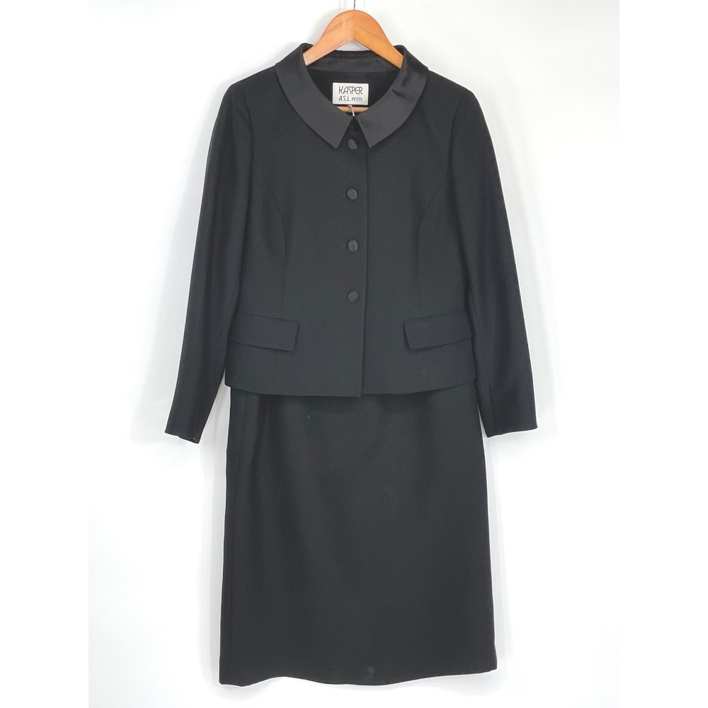 Kasper ASL Petite Womens Skirt Suit 8P Set Black Satin Trim Professional